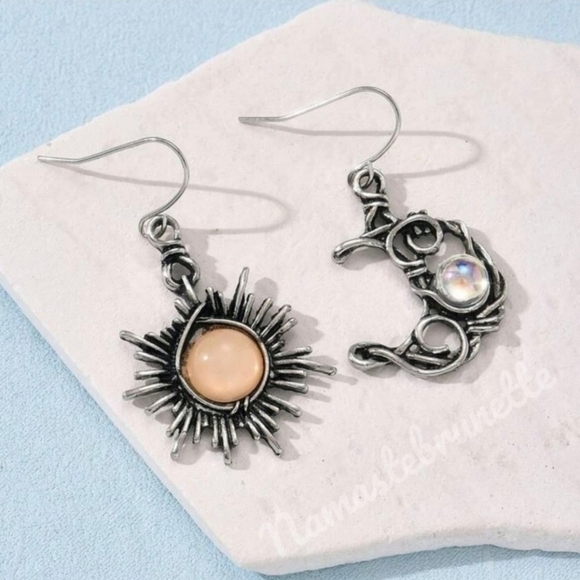 Sun & Moon Silver Wire Wrapped Stone Dangle Drop Earrings - Picture 5 of 15